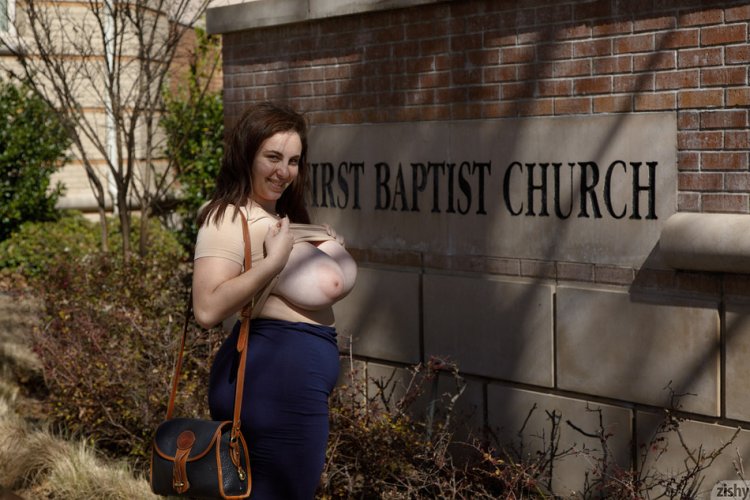BBW model Milly Marks flashes her huge tits and big areolas in front of a church